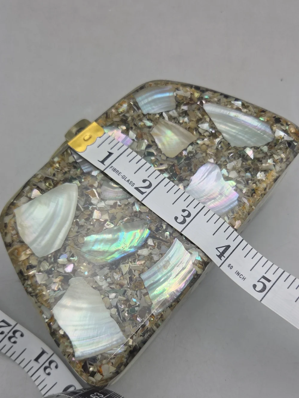 Vintage mother-of-pearl and abalone shell mosaic acrylic/lucite evening clutch